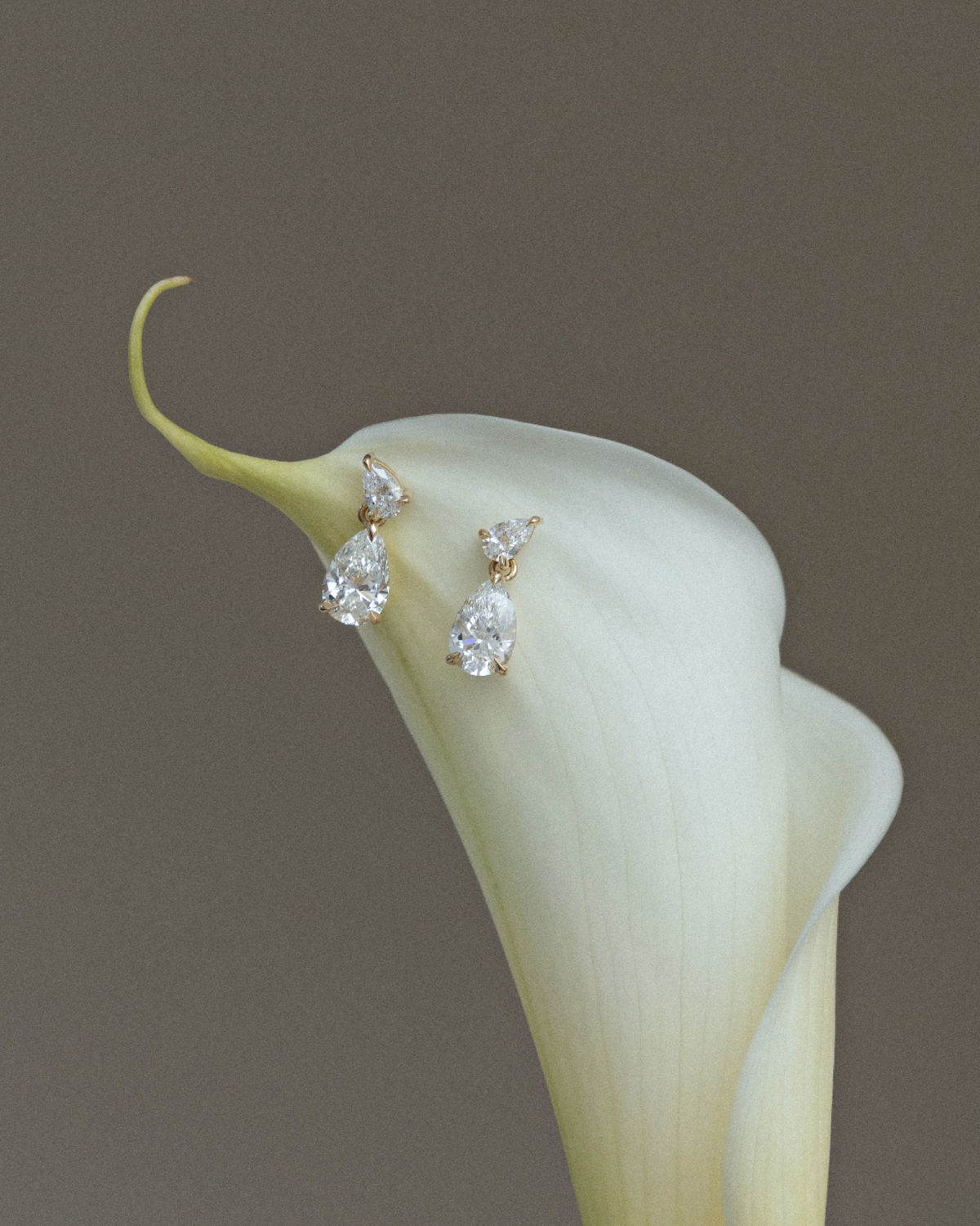 Pear-cut crafted diamond drop earrings in 18K gold, resting on a calla lily