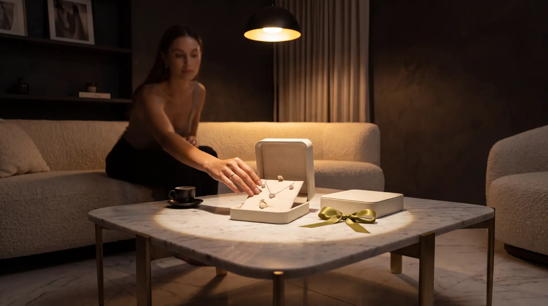 A woman opening an Evokaa jewellery box on a marble table in a softly lit living room