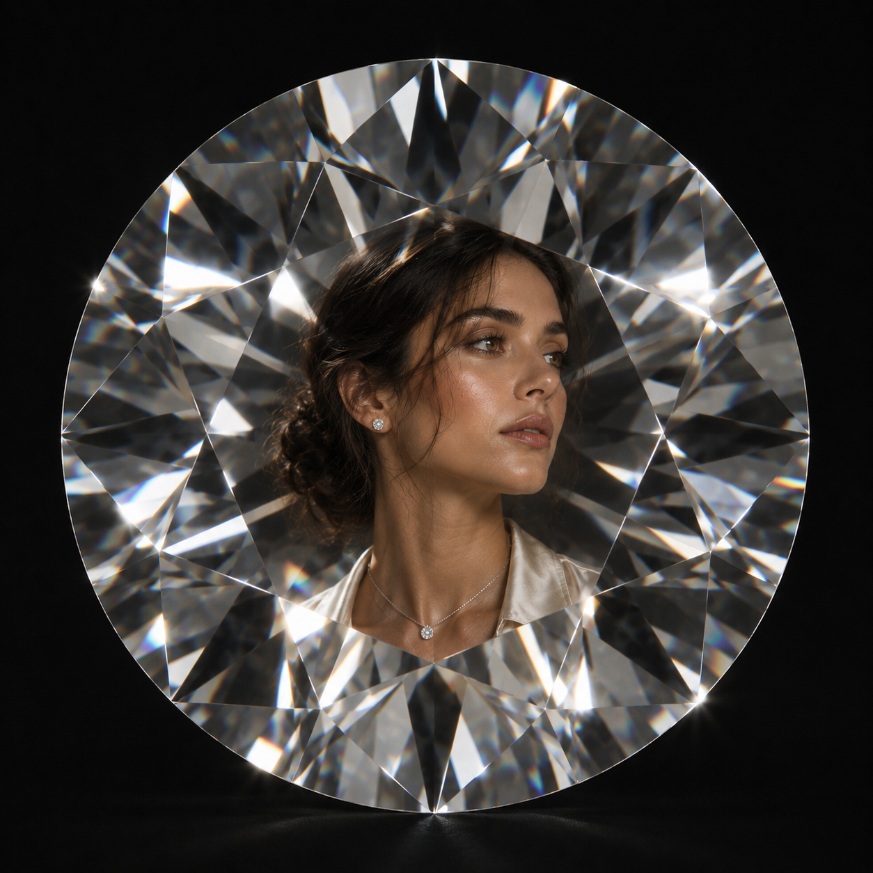 Round brilliant diamond framing a portrait