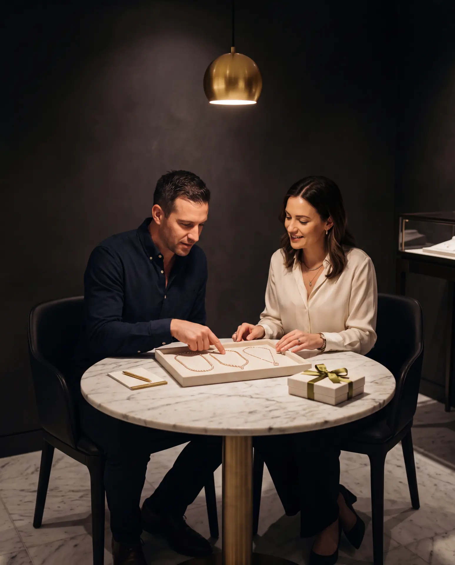 A couple choosing a crafted diamond neckpiece during a gift consultation