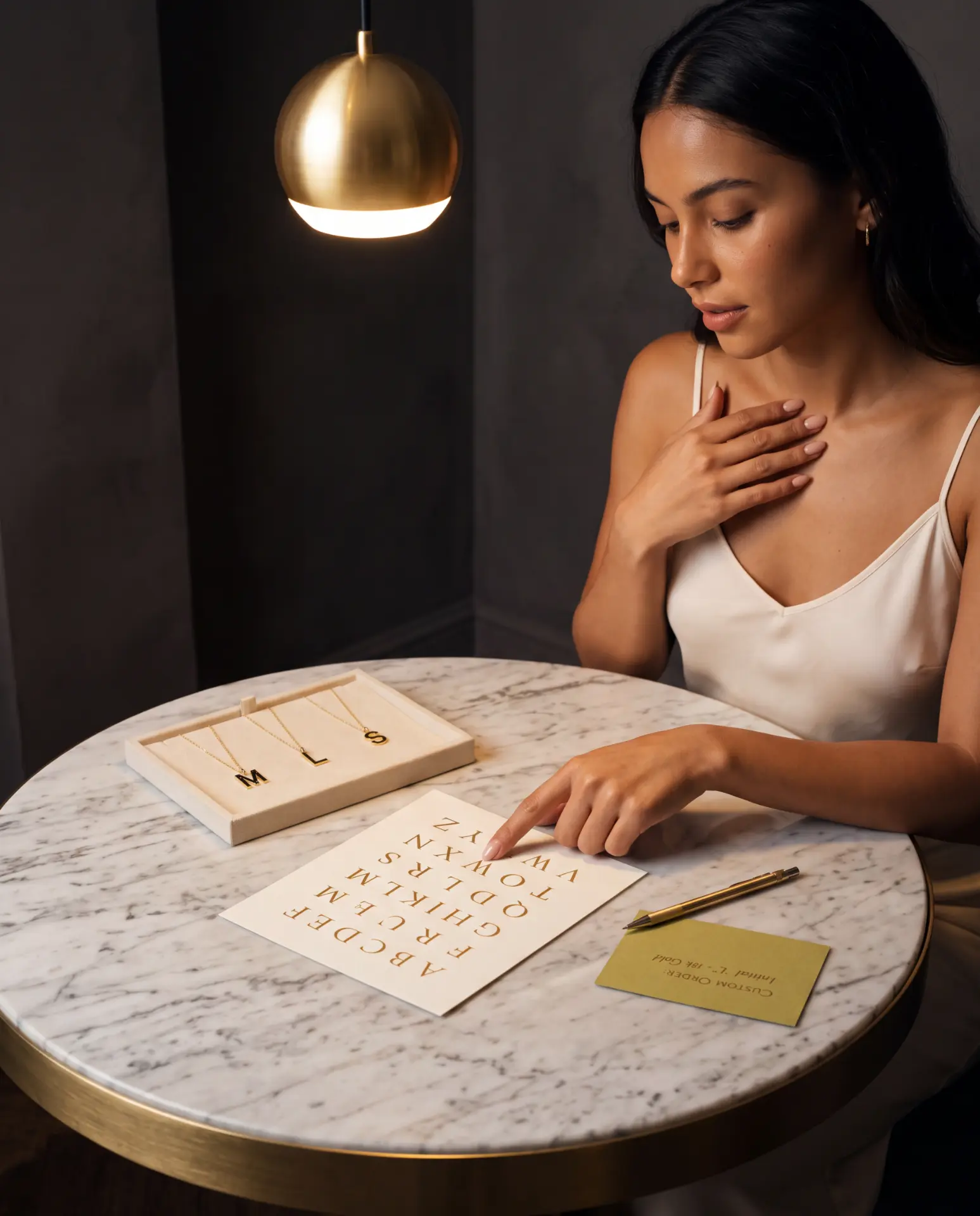 A woman selecting an initial for a personalised crafted diamond pendant