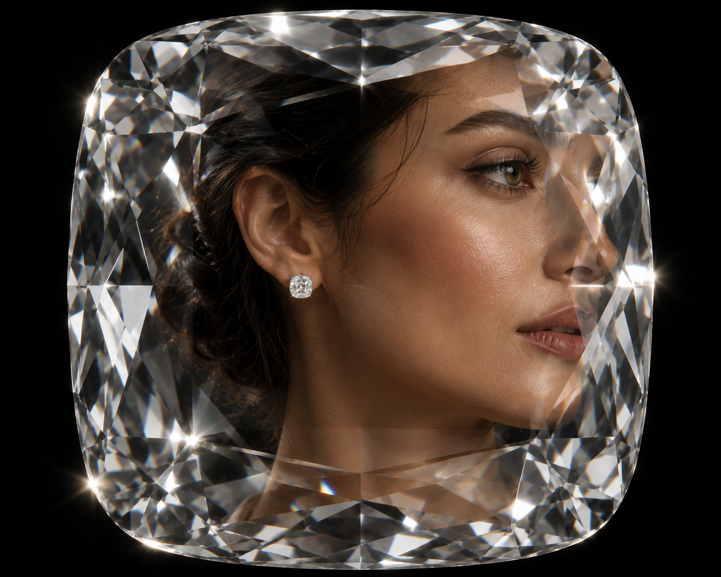 Cushion cut diamond framing a portrait