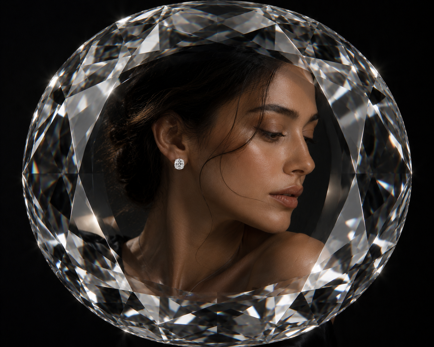 Oval cut diamond framing a portrait