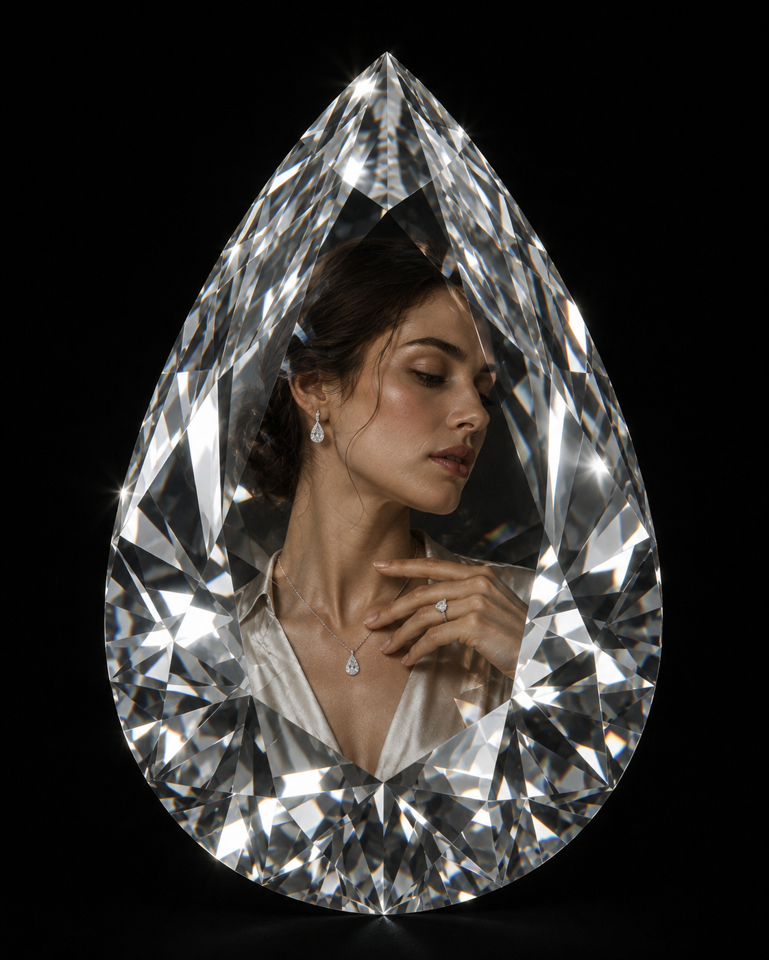 Pear cut diamond framing a portrait