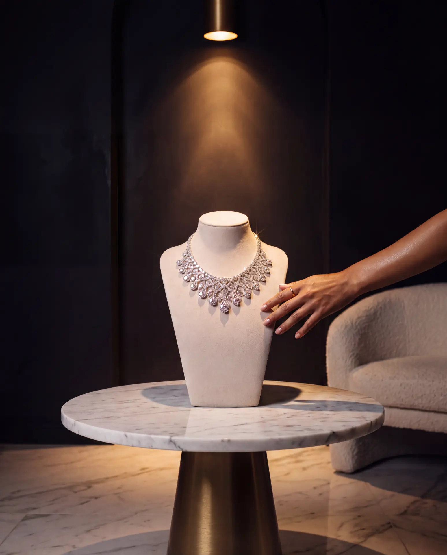 A crafted diamond statement necklace shown on a bust at a private viewing