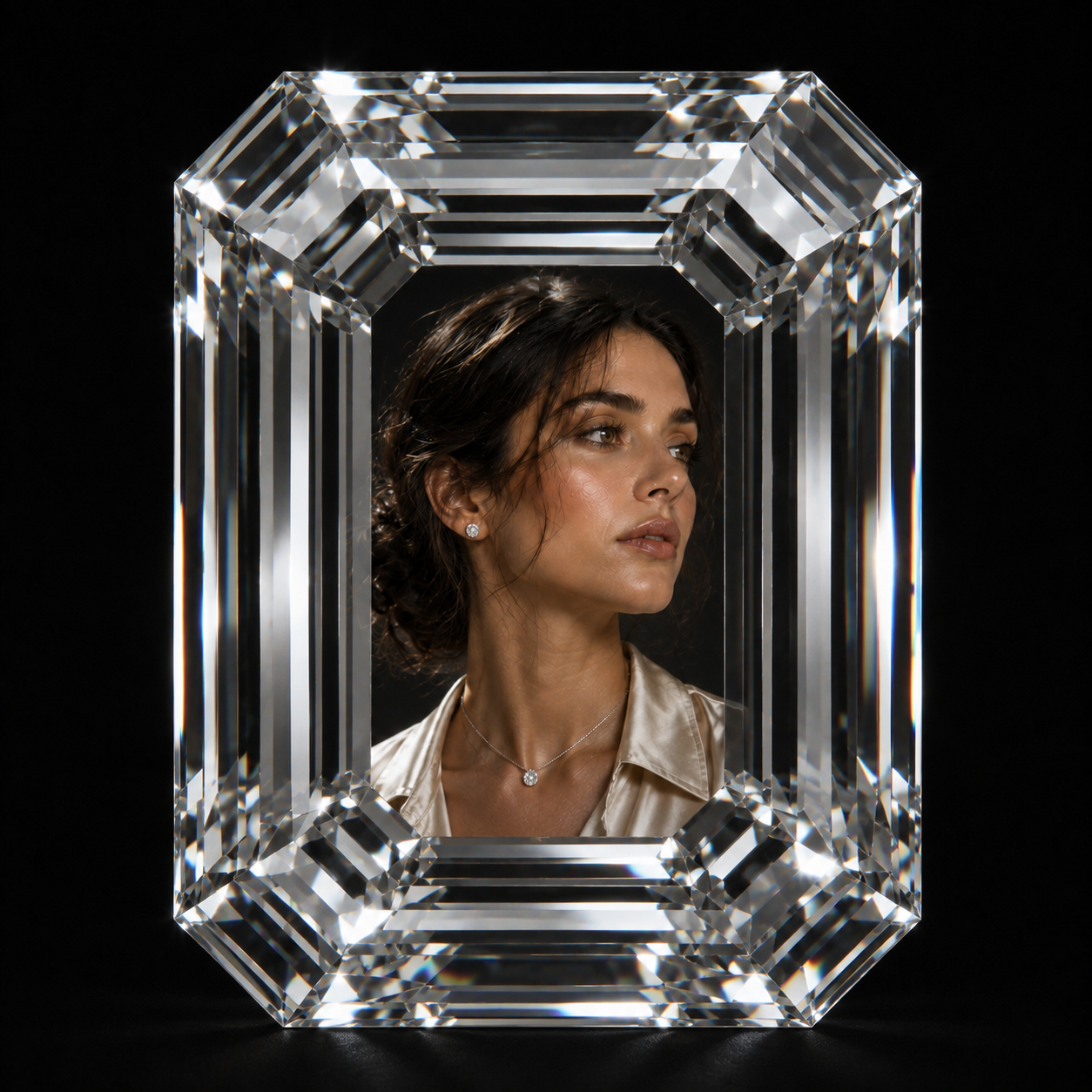 Portrait framed within an emerald cut diamond